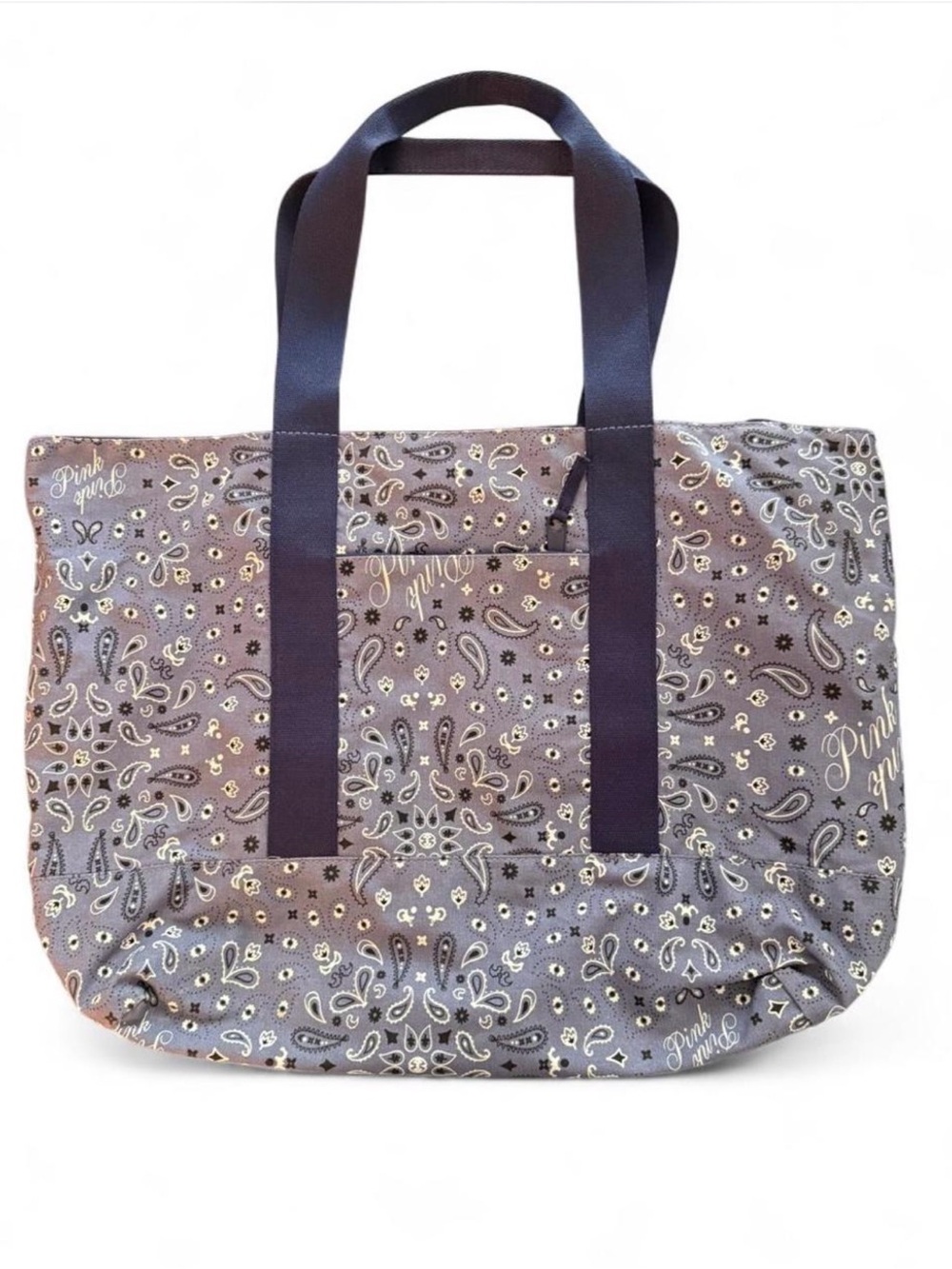 PINK brand blue paisley lined tote. Sturdy canvas. Outside small zip pocket